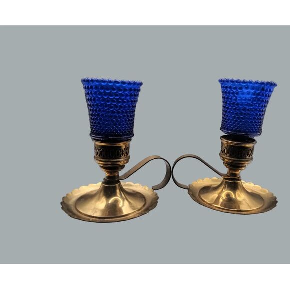 Pair of Vintage Brass Candlestick Holders & Blue Hobnail Glass Hurricane Shades - Picture 1 of 12